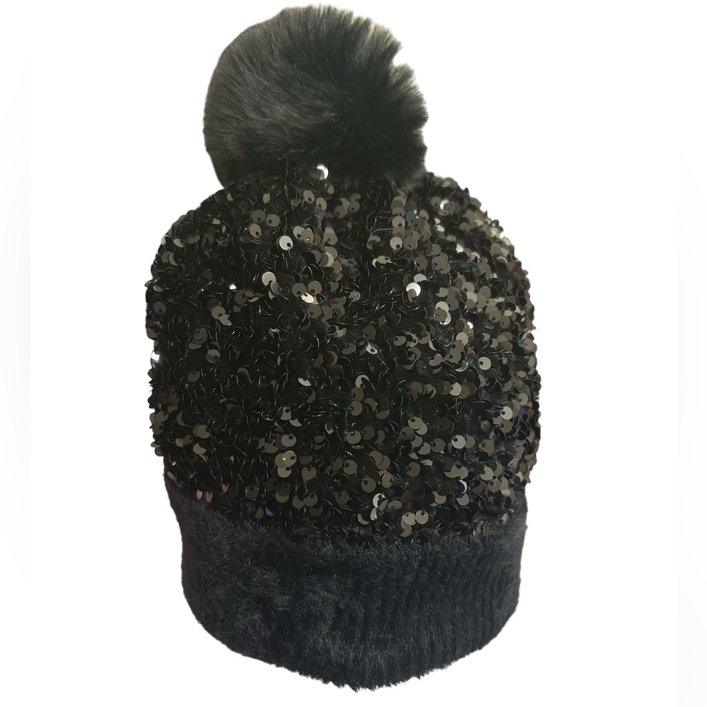 113. Black Sequin Pom Pom Beanie